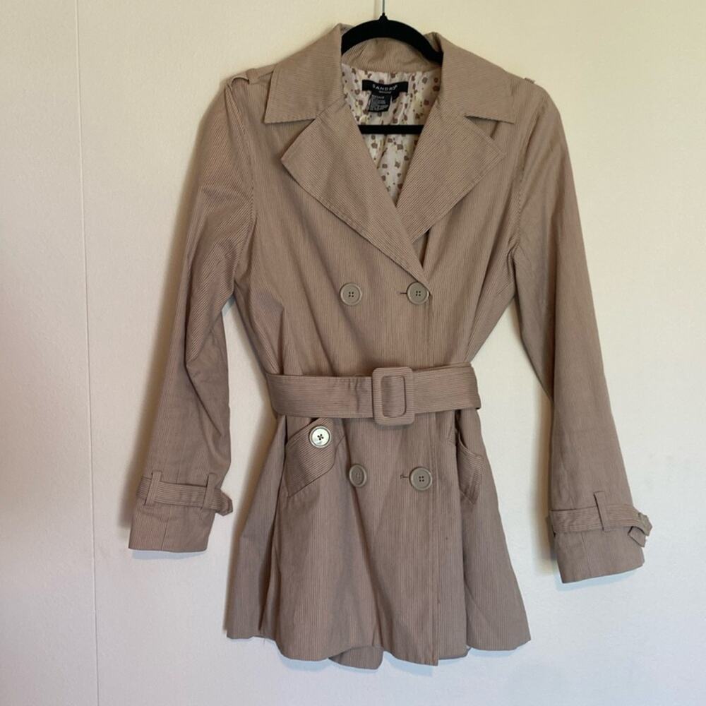 Sandro Tan Trench Coat Jacket Belted Double Breasted Striped Summer Neutral Rain